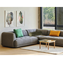 Obývací pokoj s šedou rohovou sedačkou, polštáři a malým stolem