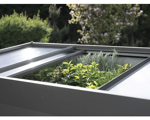 Zvýšený záhon s otevřeným víkem osázený bylinkami