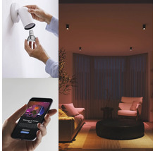 Ilustrační foto: osoba vyměňuje žárovku v nástěnné lampě, smartphone s ovládáním aplikace, obývací pokoj se stropními svítidly.