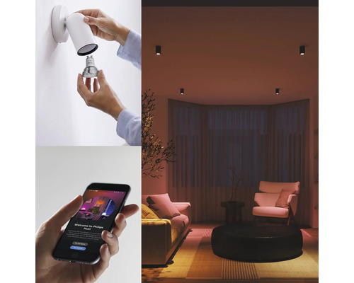 Ilustrační foto: osoba vyměňuje žárovku v nástěnné lampě, smartphone s ovládáním aplikace, obývací pokoj se stropními svítidly.