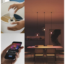 Osoba šroubuje chytrou žárovku do lampy a ovládá ji pomocí aplikace.