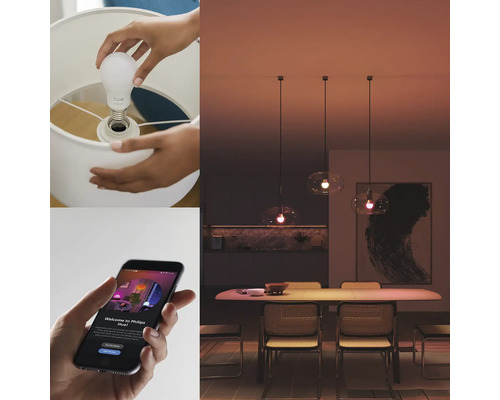 Osoba šroubuje chytrou žárovku do lampy a ovládá ji pomocí aplikace.