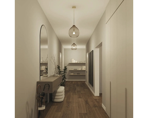 Chodba se zrcadlem, konzolí, šatnou a závěsnými svítidly