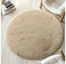 Kulatý béžový koberec na světlé dřevěné podlaze, obklopený židlemi a knihami.