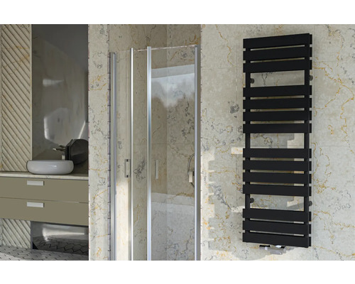 Designové topné těleso ROTHEIGNER 1510 x 500 x 72 mm připojení 1 dole uprostřed Moderní koupelna se sprchovým koutem, umyvadlem a černým ohřívačem ručníků