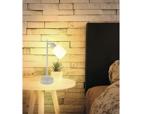 Stolní lampa na nočním stolku vedle postele a hrnkové rostliny