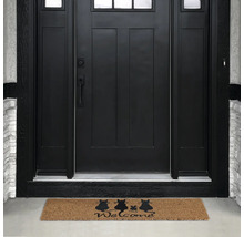 Rohožka před vchodovými dveřmi s motivem kočky a nápisem Vítejte