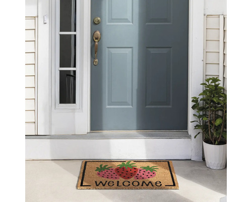 Rohožka s motivem jahod a nápisem Vítejte před vchodovými dveřmi