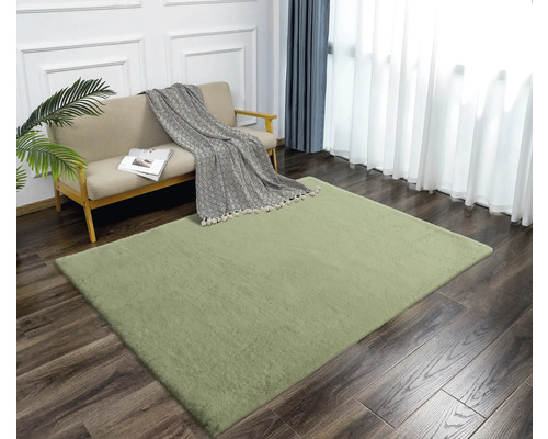 Obývací pokoj s pohovkou a zeleným kobercem na dřevěné podlaze