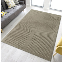 Obdélníkový koberec s půlkruhovým vzorem v obývacím pokoji.