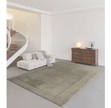 Moderní obývací pokoj s kobercem, pohovkou a komodou