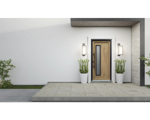 Moderní vchodové dveře se skleněnou vložkou, lemované dvěma venkovními světly a květináči.