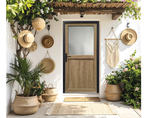 Vstupní prostor s dveřmi, rostlinami a dekoracemi
