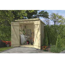 Dřevěná zahradní kůlna s otevřenými dveřmi a zahradním nářadím