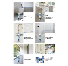 Ceresit CS 25 silikonový tmel, příklady použití v koupelně, kuchyni a na terase