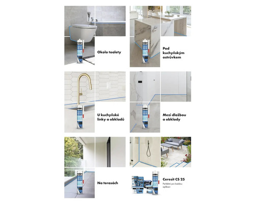 Ceresit CS 25 silikonový tmel, příklady použití v koupelně, kuchyni a na terase