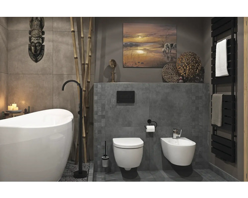 Dlažba imitace betonu Manhattan Grey 60 x 60 cm matná Moderní koupelna s vanou, toaletou, bidetem a topným žebříkem
