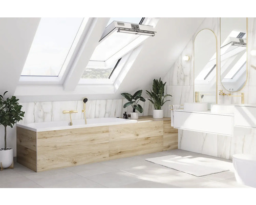 Koupelna s vanou, střešními okny, zrcadlem a rostlinami