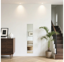 Interiér s komodou, zrcadlem, pokojovou rostlinou a schodištěm