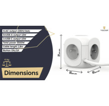 Napájecí kostka se čtyřmi AC výstupy, třemi USB-A výstupy, jedním USB-C výstupem a kabelem o délce 1,8 metru. Logo Viking Technology.