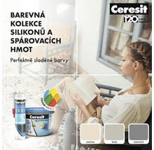 Barevná kolekce silikonů a spárovacích hmot Ceresit s perfektně sladěnými barvami, logo Ceresit a žena čtoucí knihu