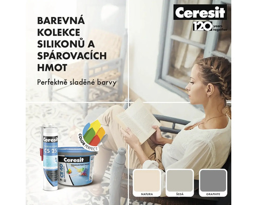 Kolekce silikonů a spárovacích hmot Ceresit se ženou čtoucí si a barvami natura, šedá a grafit