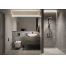 Moderní koupelna se sprchou, umyvadlem, zrcadlem a toaletou