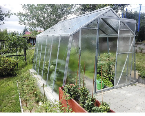 Skleník s rostlinami na zahradě