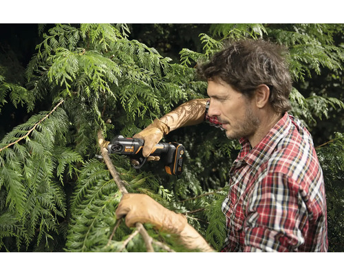Muž stříhá větve stromu akumulátorovou prořezávací pilou.