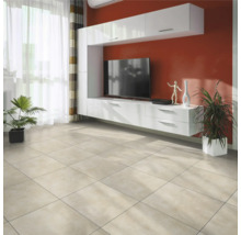 Obývací pokoj s podlahovými dlaždicemi, bílý obývací stěna a pokojové rostliny