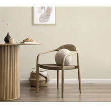 Světlá místnost s dřevěným stolem, židlí, polštářem a dekorací