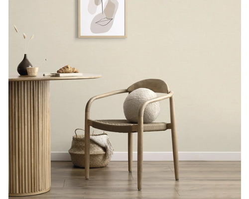 Světlá místnost s dřevěným stolem, židlí, polštářem a dekorací