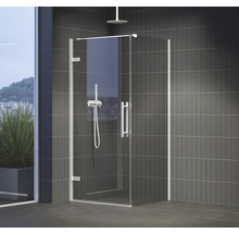 Sprchový kout walk-in s hlavovou sprchou a armaturou v moderně zařízené koupelně.