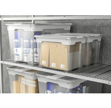 Regál s průhlednými úložnými boxy a víky