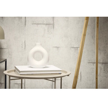 Dekorativní stěna s cementovou strukturou a opřeným dřevěným prvkem.