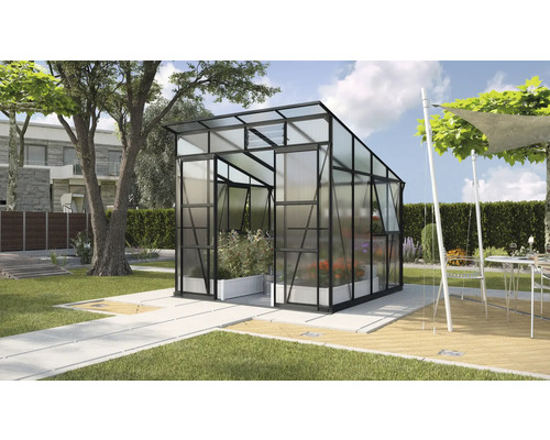 Skleník Vitavia Playa 7600 polykarbonát 6 mm 258 x 291,6 cm černý vč. základového rámu Skleník s rostlinami na zahradě