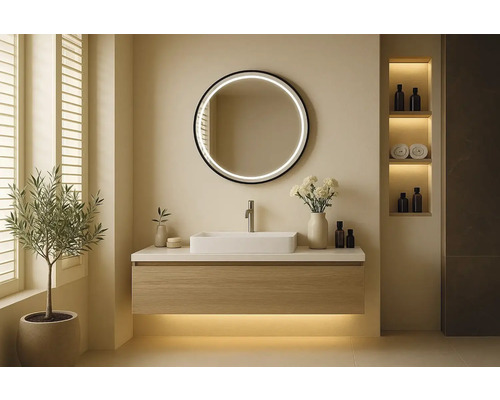 Moderní koupelna s umyvadlem, zrcadlem s osvětlením a rostlinou