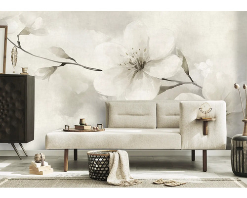 Obývací pokoj s pohovkou, komodou a fototapetou s květinovým motivem