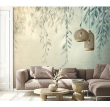 Obývací pokoj s fotografickou tapetou, pohovkou a dekorací