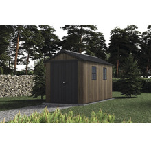 Dřevěný zahradní domek s dvoukřídlými dveřmi a dvěma okny