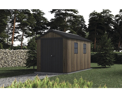 Dřevěný zahradní domek s dvoukřídlými dveřmi a dvěma okny