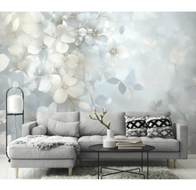 Obývací pokoj s květinovou fototapetou, pohovkou a odkládacím stolkem