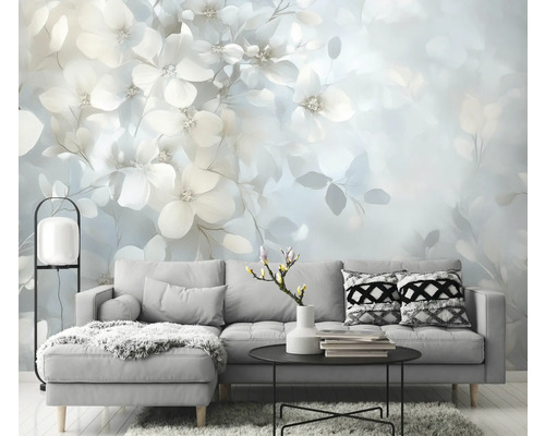 Obývací pokoj s květinovou fototapetou, pohovkou a odkládacím stolkem