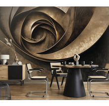 Jídelna s jídelním stolem, židlemi, komodou a vzorovanou tapetou