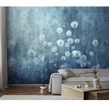 Obývací pokoj s modrou fototapetou s motivem pampelišky