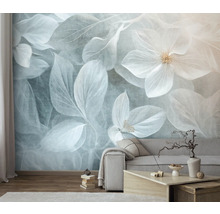 Obývací pokoj s fototapetou s motivem květin a listů