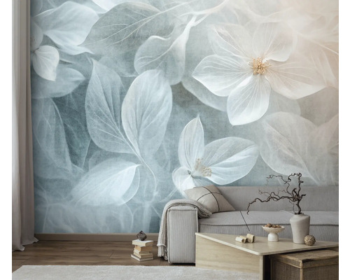 Obývací pokoj s fototapetou s motivem květin a listů