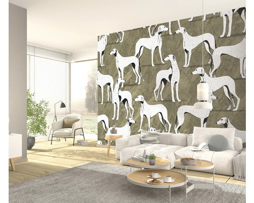 Obývací pokoj s pohovkou a tapetou s motivem psa pro světlou a prostornou atmosféru