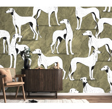 Dekorativní obývací pokoj s tapetou se psím motivem, dřevěnou skříňkou a židlí