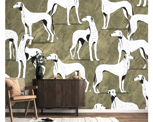 Dekorativní obývací pokoj s tapetou se psím motivem, dřevěnou skříňkou a židlí